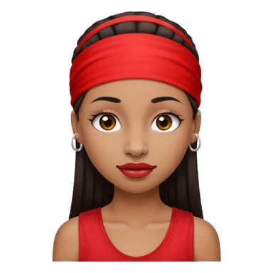 light-skinned black girl with very long eyelashes with long strait dark brown hair with edges wearing a red top with no sleeves. and a red accessory on her head with nose and mouth piercings. sticker