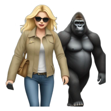 Gorilla walking a blonde woman on the street sticker