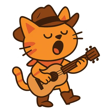 flat toon Yodeling orange cowboy cat strumming an acoustic guitar  sticker
