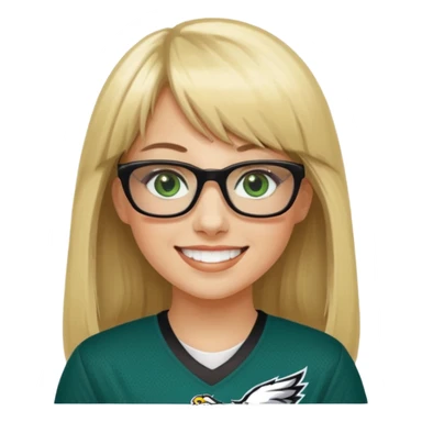 long blonde hair with bangs black glasses female green eyes football player wearing eagles jersey number 33 sticker