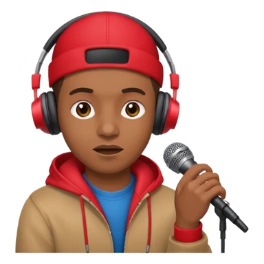 emoji de persona haciendo beatbox con un micrófono y unos audífonos rojos puestos sticker
