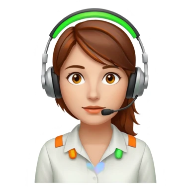 a woman, brown hair, middle european, sitting in the office in front of a computer, wearing a blouse and a headset. she is controling the limits on screen. green = ok, orange = am Limit, rot = überschritten sticker