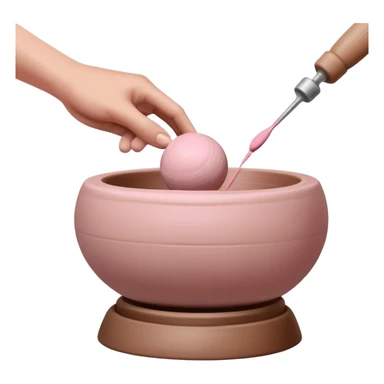 single hand throwing a pink ball of clay onto a pottery wheel, only one hand visible in the frame sticker