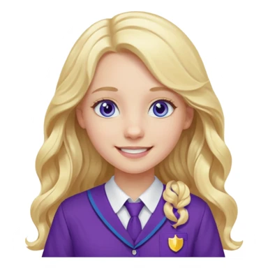 A pale girl with blue eyes and long and blonde , wavy hair , smiling wearing a purple school uniform  sticker