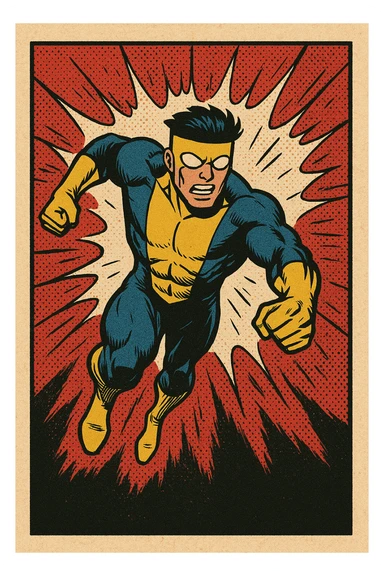 invincible superhero character wearing a blue and yellow suit, action scene, comic book style sticker