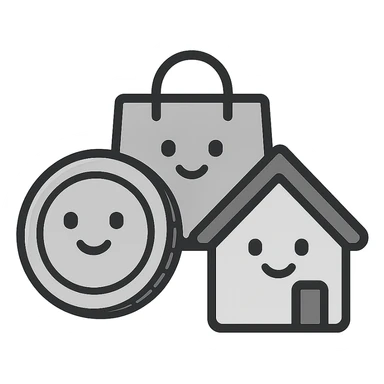 combined icon with coin, shopping bag, and home, all interlocking, symbolizing future savings, wants, and needs, flat minimalist style sticker