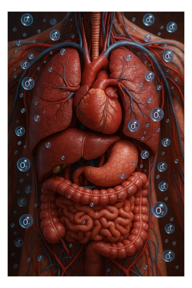 OSSIGENO FLUTTUA IN UN CORPO UMANO ANATOMICO, IPERREALISTICO 4K sticker