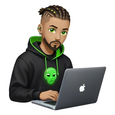 Light skinned African American male with green eyes as a cyberpunk hacker with cornrows hairstyle but short cornrows  with only goatee facial hair  coding on laptop  sticker