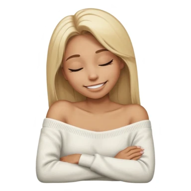 Mujer color de piel moreno claro, con cabello rubio largo, lacio y suelto, ojos negros, usando un suéter off shoulders blanco, sonriendo sin enseñar los dientes durmiendo  sticker