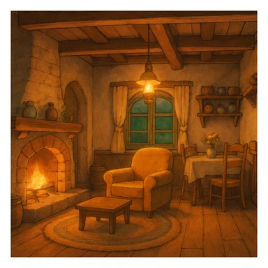 cozy cottage, warm lighting, ghibli style, inviting and charming sticker