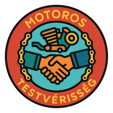 circular motorcycle cap design with the Hungarian phrase 'Motoros Testvériség', featuring motorcycle motifs like handshake, chain, motor, community style sticker