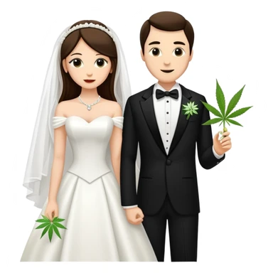 A bride in white wedding dress and groom in tuxedo, full body, sharing a cannabis joint, wedding couple sticker