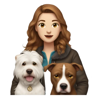 white woman with long brown hair in a furry jacket standing alongside a white pitbull with a brown patch around his eye sticker