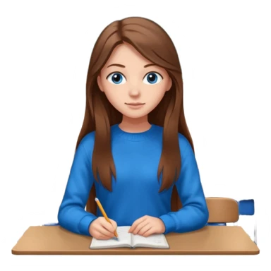 high school class room with a pretty female high school student with long brown hair, blue eyes sticker