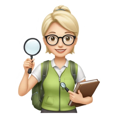 Happy woman in her 40s with glasses, sporty outfit, backpack, holding only one magnifying glass in one hand sticker