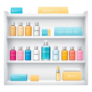 big long white shelf with one serum bottle labeled beauty brand and big sticky note next to it sticker