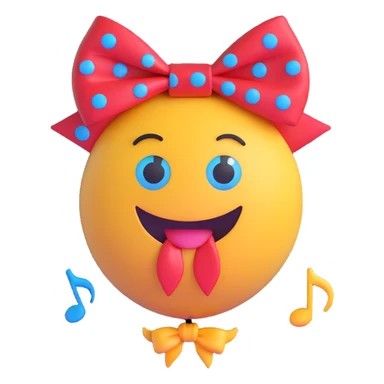 3D smiley emoji, large eyelashes, red polka dot bow, overwhelmed, downward looking eyes, blue eyes, musical notes sticker