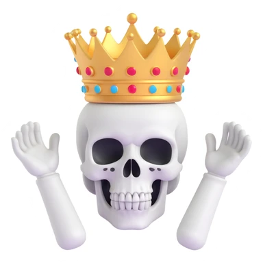 A shocked skull with a crown on top, both hands raised pressing on its head in disbelief, black and white sticker