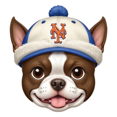 Brown Boston terrier wearing a New York Mets hat sticker