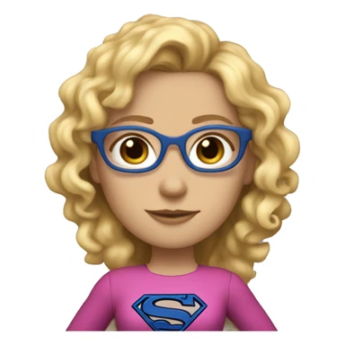 Caucasian Supergirl upper body curly long blonde hair and glasses with an "S" in the chest sticker