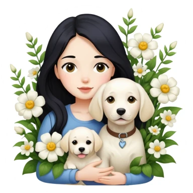 A girl with long black hair is holding a white Labrador in the flowers sticker