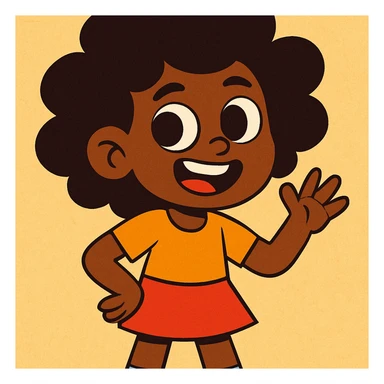 una niña morena de piel con ojos marrones y pelo afro, estilo cartoon vibrante sticker