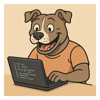 pit-bull dog with human-like features, coding on a laptop, cheerful expression sticker
