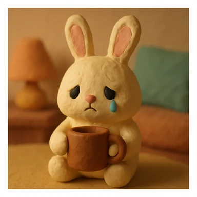 fluffy cream bunny with teardrop eyes holding a coffee mug, cozy soft background, claymation style sticker
