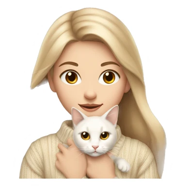 a beautiful girl with long dark blond hair, light eyes, in a beige sweater and with a beige bow holds a white cat in her hands sticker