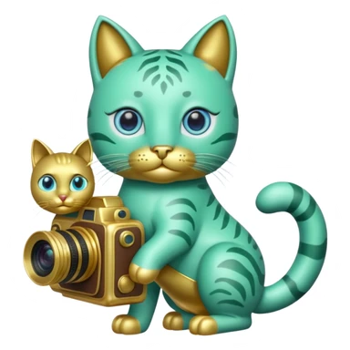 A green cat with blue eyes holds a camera and a gold horse statue  sticker