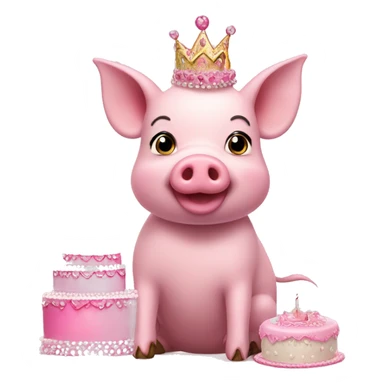 Pink pig in tutu and tiara with birthday cake  sticker
