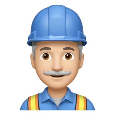 A man emoji with light skin, wearing a blue construction helmet, short gray hair on the sides, straight eyebrows, brown eyes, a small nose, and a thin gray mustache above his smiling mouth. sticker