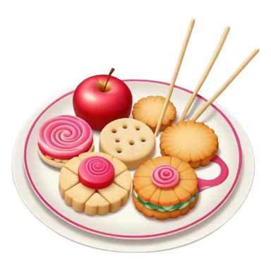 A combination of red apple, fish cake with pink swirl (narutomaki), rice cracker (senbei), and dango on a stick arranged together as a food plate sticker