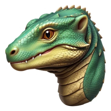 Cinematic Realistic Cute Komodo Dragon Portrait Emoji, Head tilted playfully and inquisitively, featuring a compact, robust build with finely detailed, textured scales in natural earthy hues and a characteristically alert face with bright, curious eyes, rendered with lifelike clarity, high shine, affectionate and surprisingly endearing, styled with a touch of wild charm, soft glowing outline, capturing the essence of a mischievous yet lovable Komodo dragon that seems poised to inch its way out of the screen into your arms! sticker