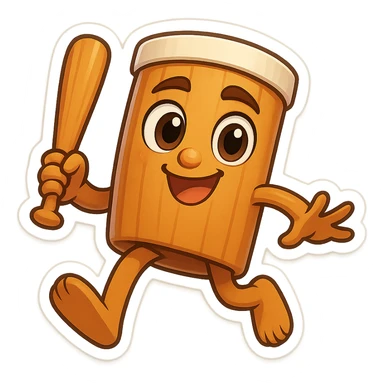 square image of absurd wooden stick-man creature, drum-like cylindrical body, holding baseball bat, cartoon style, bright vivid colors, dynamic pose,  sticker