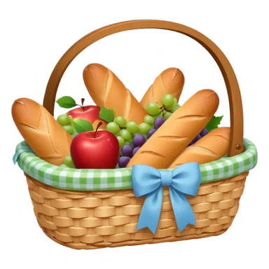 A white Picnic basket with pastel blue bow，contained baguettes and fruit, sticker
