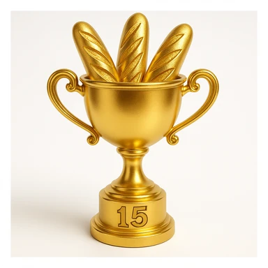 Add the numbers 1 to 15 in bold, clear font at the base of the gold trophy cup filled with baguettes. Keep the gold and shiny style consistent. sticker