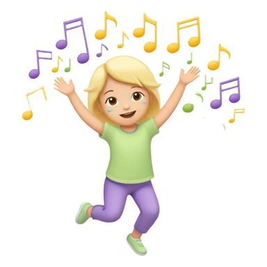Flat illustration emoji of a small child dancing or moving joyfully to music, musical notes floating around, smiling expression, soft pastel colors (yellow, lavender, light green), rounded shapes, minimal details, child-friendly, warm and playful style sticker