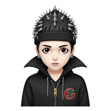 vampire emoji with spiky emo hair wearing a gucci hat sideways and a nike tech hoodie sticker