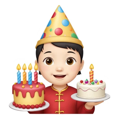 with chines cute baby wearing birthday hat with birthday cake sticker
