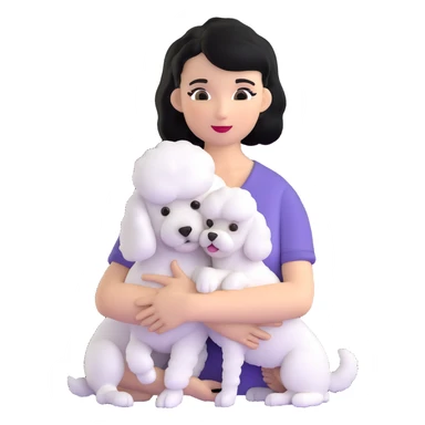 woman with short black hair hugging a brown poodle and a white bichon frise sticker