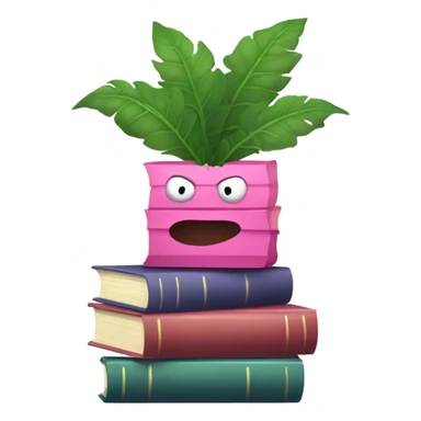Aesthetic stack of pink books with a monster plant in the background sticker