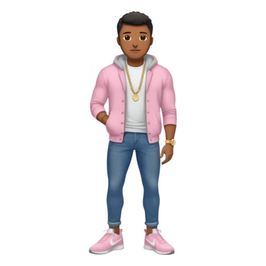 Handsome Black guy with brown skin tone, with muscular build, wearing dark denim jeans, a white t-shirt, pink and gray fuzzy cardigan, white Nike sneakers, a gold watch, and a dainty chain sticker