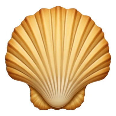 A madeleine pastry. Scalloped seashell shape with ONLY four to five vertical lines going in the same direction. Light golden brown. Scalloped edge. Cookie. Flat. Long. Oval shape. Lets scallops. sticker