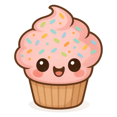 a cute pink cupcake with sprinkles, original design, big eyes, blushing cheeks, joyful sticker