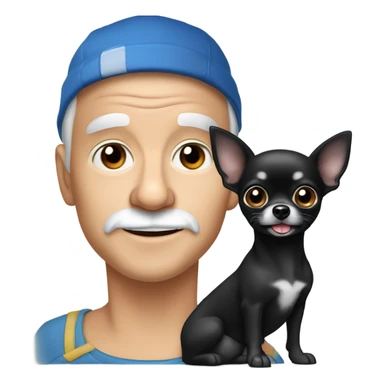 cute black long fur Chihuahua held by old blue eyes man with goatee and ball cap sticker