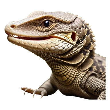 Cinematic Cute Yawning brown camo spotted monitor Lizard Portrait Emoji, Head tilted slightly with a dramatic, wide-open yawn, showcasing textured, patterned scales and sleepy, half-closed eyes exuding relaxed charm, Simplified yet irresistibly adorable features, highly detailed, glowing with a soft, cozy glow, high shine, relaxed yet expressive, stylized with a dash of whimsical wildness, soft glowing outline, capturing the essence of a drowsy yet affectionate reptile that appears ready to stretch out for a nap! sticker