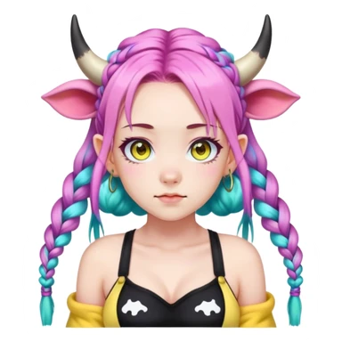 En anime-ku-jente med to rosa lange tykke fletter og cyan striper i håret, ku-horn og ku-ører, sort BH-topp over en gul cropped-fleece-blouse, lilla øyne, sticker