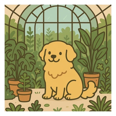 pusheen-style flat toon golden retriever in a botanical garden greenhouse sticker