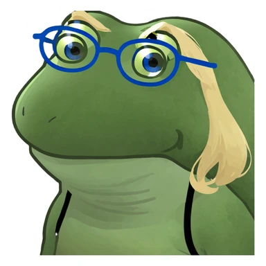 a girl with blue eyes, blond hair, and glasses, bufo frog meme style sticker